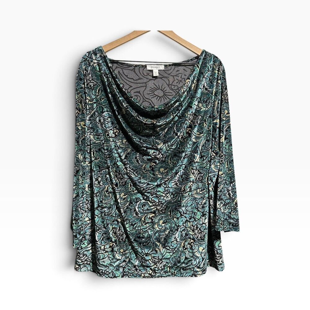 Dressbarn Paisley Velvet Cowl Neck Top 3X Boho Teal Jewel Tone Whimsy Romantic